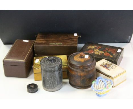 Quantity of boxes, treen, tea caddy and a coronation trinket box 