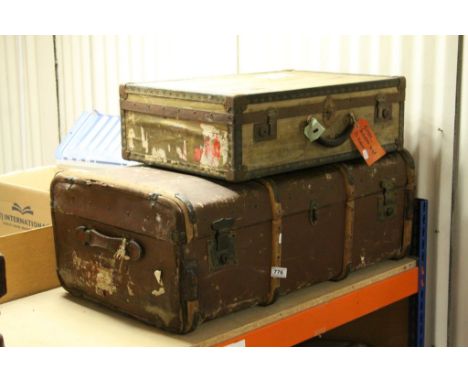 Vintage Wooden Bound and Canvas Covered Travelling Trunk and a Vintage Suitcase