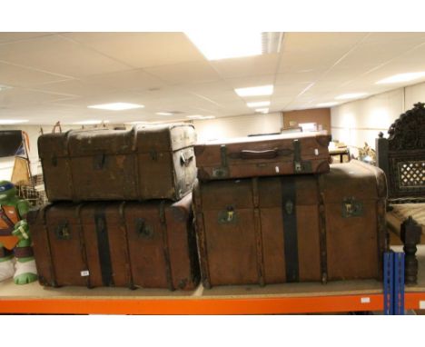 Two Large Vintage Canvas Covered and Wooden Bound Travelling Trunks together with another Small Trunk and a Vintage Leather S