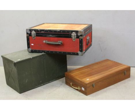 Red Trunk, Wooden Box and a Military Green Metal Trunk