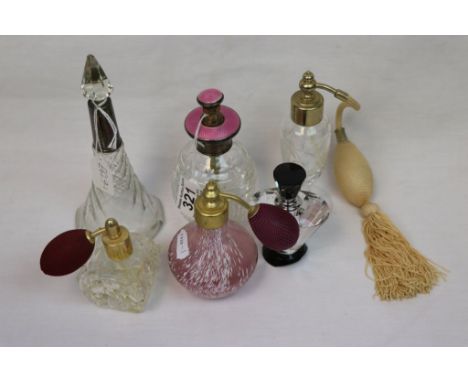 Six vintage Glass Scent bottles to include Sterling Silver &amp; Gilloche Enamel mounted