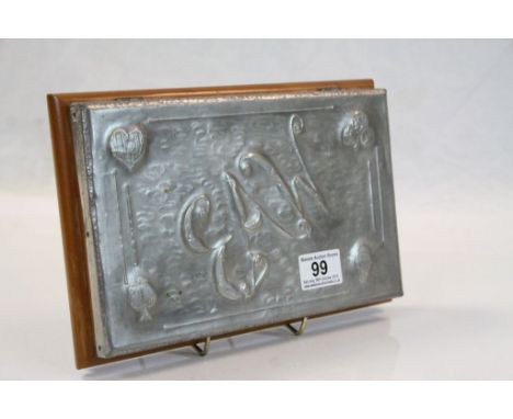 Wooden Playing Card Box with an Art Nouveau Style Pewter Covered Lid 