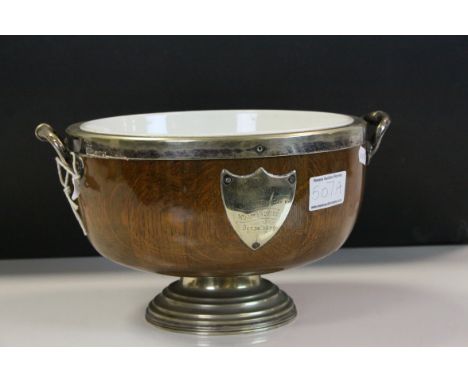 Vintage oak and silver plate bowl with inscription dated 1899