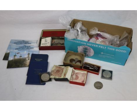 Collection of vintage Coins, mainly UK to include 1899 Crown, 10 Shilling Banknotes, Silver coinage etc