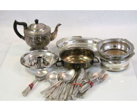 Quantity of silver plate to include a pair of bottle stands, flatware and a Walker &amp; Paul chamber stick and snuffer 