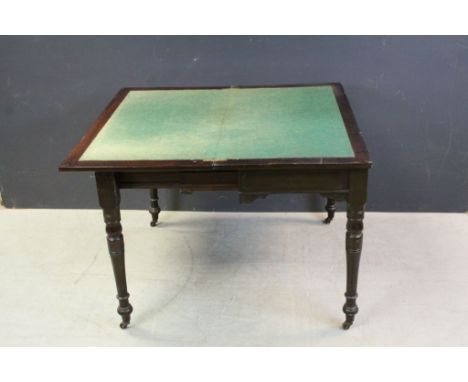 19th century Mahogany Fold- Over Card Table with Green Baize Playing Surface and raised on Ringed Turned Legs and Castors, 89