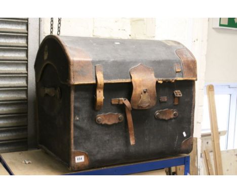 19th century Canvas and Leather Bound Domed Top Travelling Trunk, 67cms wide x 60cms high