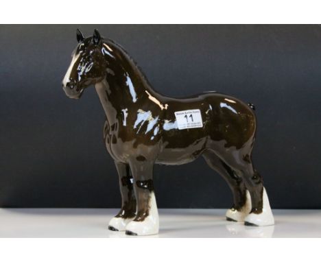 Beswick ceramic No.818 Shire Mare in "Brown" gloss colour with yellow ribbon, standing approx.21.6cm 