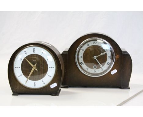 Mid 20th century oak cased mantle clock with three train movement and a Smith's mantle clock 