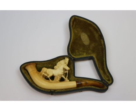 Vintage cased Meerschaum pipe or cheroot holder with carved Horses, pipe approx 11.5cm with Amber mouthpiece