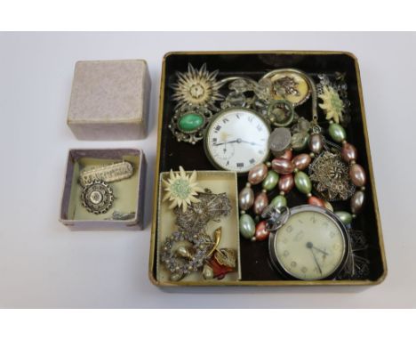 Lacquered wooden box containing a mix of vintage Costume jewellery etc to include Silver &amp; two Pocket Watches