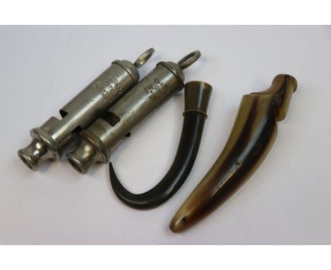 Two vintage Nickel plated Emka City Whistles, a Horn example &amp; a Horn snuff box in natural form and approx 7cm long