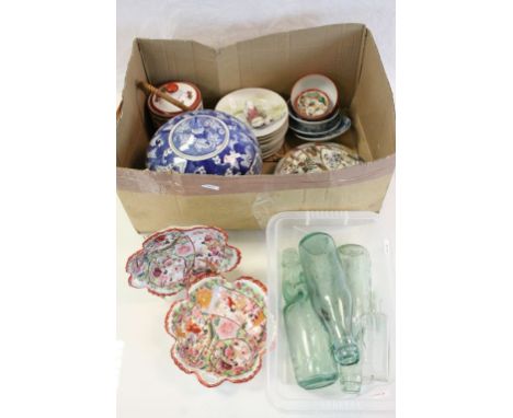 Various hand painted oriental tea bowls, plates, dishes to include tea caddy, ginger jar etc  together with Two vintage bottl
