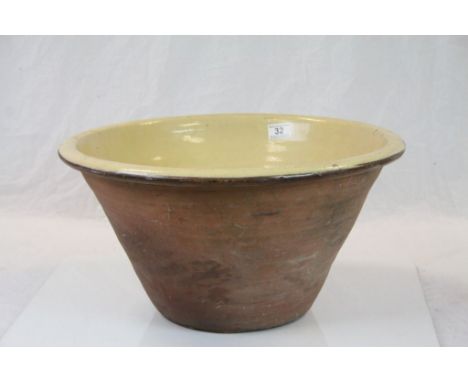 Large Vintage Terracotta and Yellow Glazed Dairy Bowl, 50cms diameter