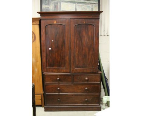 George III Mahogany Linen Press, the upper section with Twin Panel Doors opening to reveal to sliding drawers above a bank of