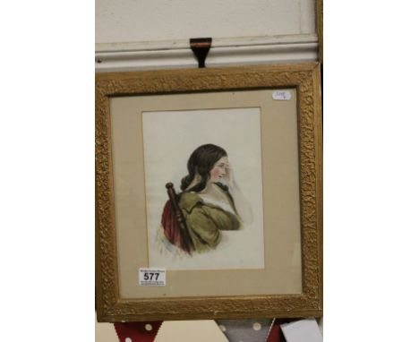 Early 19th Century of a gilt framed watercolour portrait of a pensive young lady 