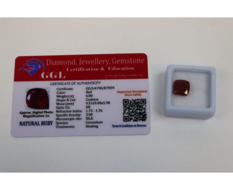 Natural Ruby, weight 6.80ct with GGL certificate of authenticity 