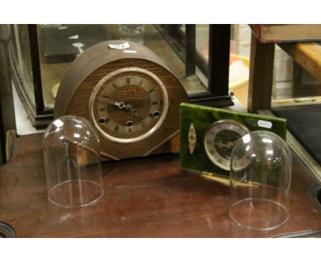 Mid 20th Century oak mantle clock with three train movement, two small glass domes and a marble effect mantle clock 