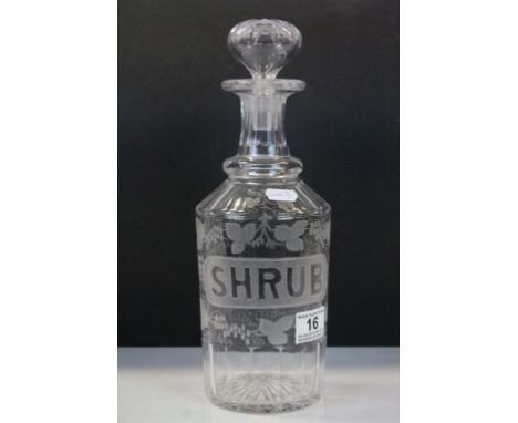 Vintage Cut Glass Decanter  with etched vine decoration &amp; marked "Shrub", stands approx 31.5cm including stopper