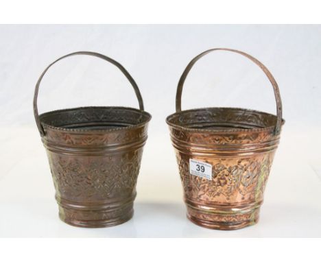 Two Vintage Copper Buckets with repousse decoration