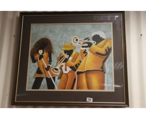 Jazz interest of an oil painting portrait of a jazz group, signed R.Jordan 