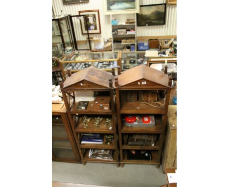 Pair of Hardwood Bookcases of Architectural Form, each with Four Shelves, 58cms high x 150cms high