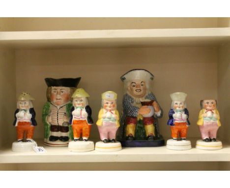 Seven 19th century ceramic Toby Jugs to include Miniature Pepperettes &amp; a larger Spode marked Jug