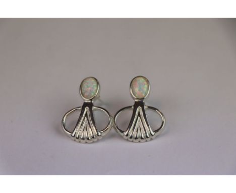 Pair of silver and opal drop earrings in the Art Nouveau style 