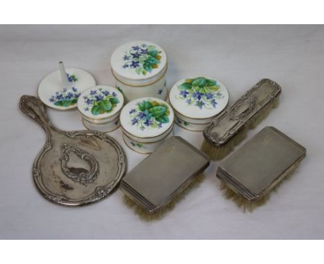 Hallmarked Silver Hand mirror &amp; three Brushes plus an unmarked Floral decorated ceramic dressing table set