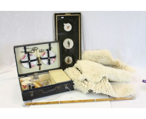 Cased Boswell picnic set, two small sheep wool rugs, fishing tray, gadget walking stick with pen and a case of sundry items