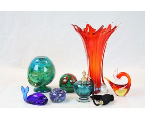 a Small collection of vintage Art Glass to include; Paperweights, Murano vase, Mdina vase etc