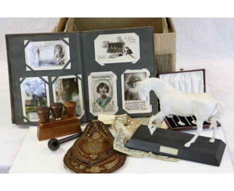 Box of mixed collectables to include Cased Silver plated Fruit knife &amp; fork set with Mother of Pearl handles, Satsuma Bot