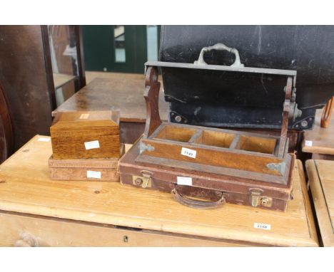 An oak tantalus vintage leather case, an oak box together with a carved box