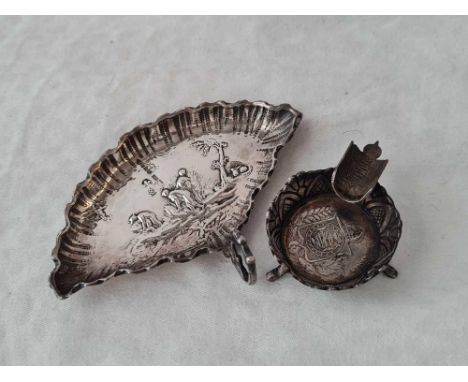 A fan shaped fancy dish with import mark and an ashtray made from coin 1861