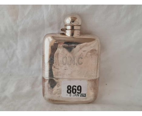 A hip flask with pull off cup base and bayonet cover, 4.5" high, Sheffield 1902 by JD &amp; S, 149g