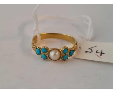A GEORGIAN TURQUOISE AND PEARL RING 18CT GOLD TESTED SIZE M   2.5 GMS