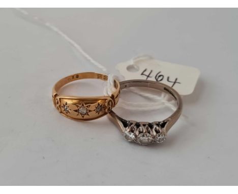 A GYPSY SET THREE STONE DIAMOND RING SIZE M  AND WHITE GOLD THREE STONE DIAMOND RING SIZE Q BOTH 18CT GOLD   6.5 GMS INC
