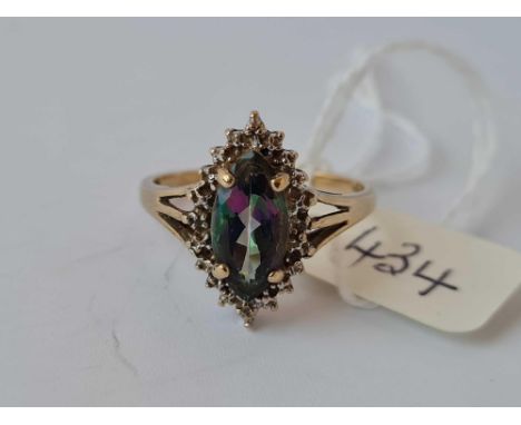 A lozenge shaped mystic topaz and diamond cluster ring 9ct size Q    3 gms