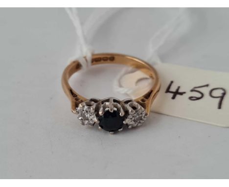 A three stone sapphire and diamond ring 18ct gold size K    2.4 gms