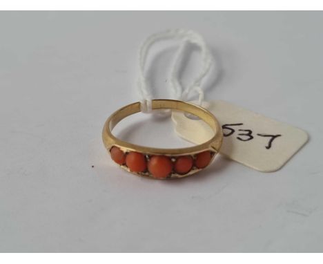 A Victorian five stone coral set ring 15ct gold size M   