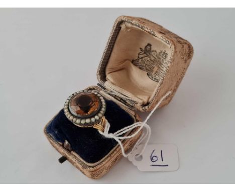 A LARGE CITRINE SET ANTIQUE RING pearl border in high carat ornate mount size P 7.5g boxed