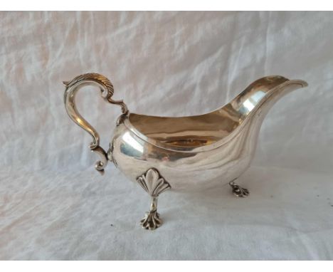 George II oval sauce boat  on three pad feet . 7 inch long. London 1748.  By M. 248 gms