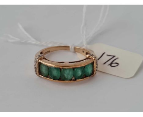 A emerald and diamond five stone band ring 9ct size O   2.6 gms