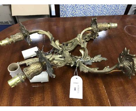 PAIR OF ART NOUVEAU STYLE BRASS TWO LIGHT WALL SCONCES