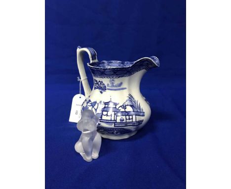 LOT OF CERAMICScomprising two Hummel style figures, blue and white water jug, two hardwood stands and a frosted glass figure 