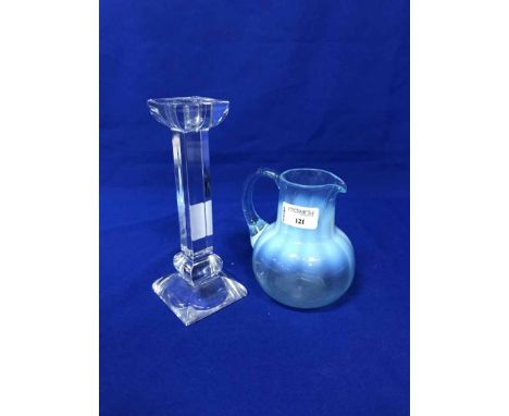 LOT OF GLASSWAREincluding an opalescent water jug, moulded candlesticks, gilded wine ewer with four glasses and six ruby flas