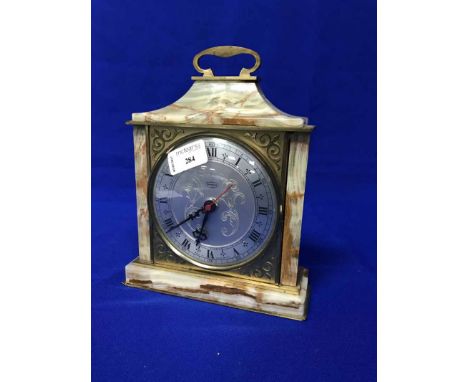ONYX CLOCK AND BOX together with a ceramic planter, brass monkeys and a bell