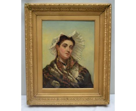 19TH CENTURY EUROPEAN SCHOOL 'Portrait of a Young Woman', Oil painting on canvas, 44cm x 34cm, in ornate gilt frame 