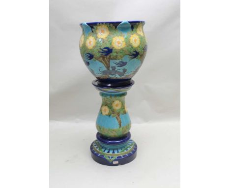 A LATE 19TH CENTURY BURMANTOFTS POTTERY JARDINIERE AND STAND, tube line decorated with birds, dogs and trees, glazed in the m