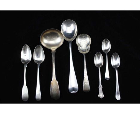 SARAH &amp; JOHN WILLIAM BLAKE A GEORGE III SILVER SAUCE LADLE, with fiddle pattern handle, London 1814, together with a quan